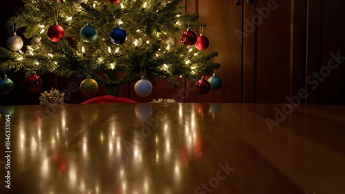 Festive Christmas tree shines on a warm wooden tabletop surface