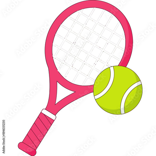 Illustration of a pink tennis racket with a yellow tennis ball.