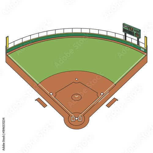 Isometric Baseball Field Illustration with Green Outfield and Brown Infield.