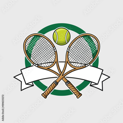 Tennis emblem featuring crossed rackets a tennis ball and a blank banner.