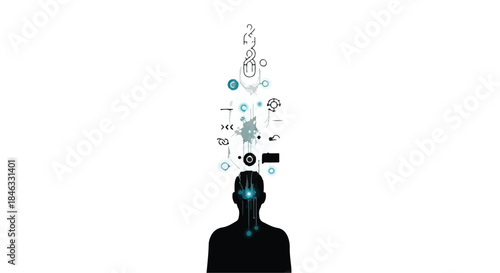 Silhouette of a person with digital icons and symbols emerging from their head, representing ideas and innovation.