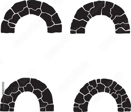 Collection of stylized arch silhouettes, crafted from irregularly shaped stones, depicting architectural elements and historical structures as versatile vector design components