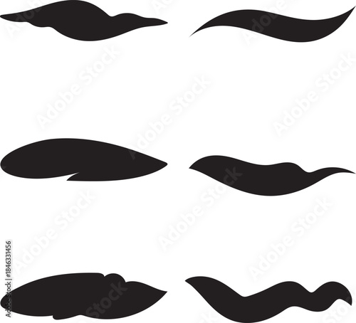 Collection of six abstract black ink brush stroke silhouettes against a transparent background, perfect for graphic design elements