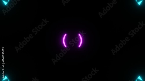 Vivid magenta ring with nodes, bright magenta neon ring rotates into portalshaped frame for performances, vivid magenta neon circle with corner points spins into portal structure for live
