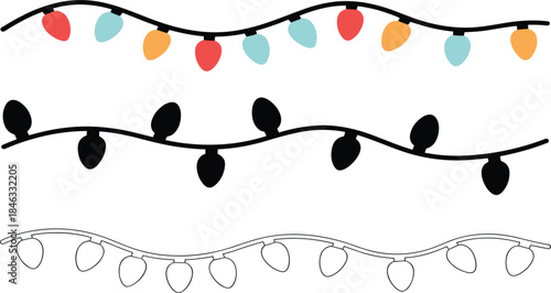 Simple Christmas holiday lights string, hand drawn festive doodle elements set, colorful silhouette outline
