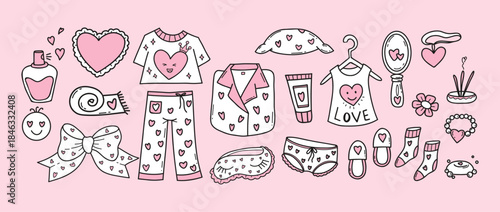 Cute Pink Outline Valentines Day Loungewear and Accessories Doodle Set. Isolated Girly Sleepwear Romantic Design Kit Collection. Vector Illustration. Not AI