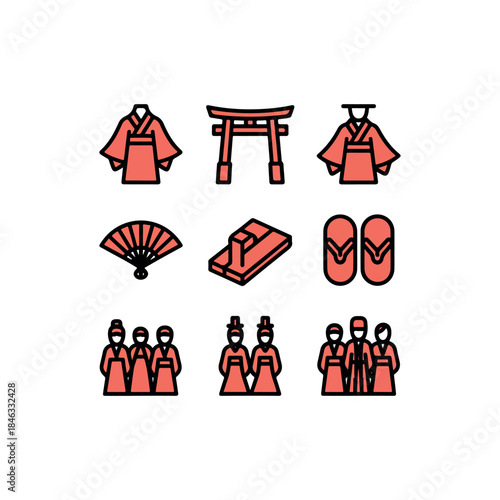Safari Duo-Tone Icon Set – Coming of Age Day: Kimono, Torii, Fans & Sandals