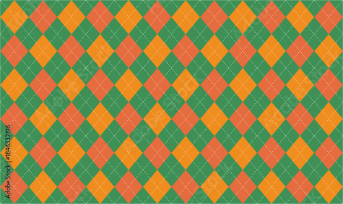 秋冬の季節感あふれるグリーンとオレンジのアーガイルチェックパターン背景素材 - クラシック・トラディショナル向けベクター素材
