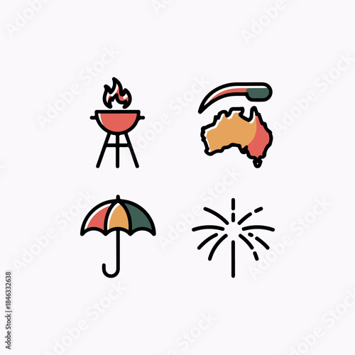 Safari Duo-Tone Icon Set – Australia Day BBQ, Boomerang & Fireworks Symbols