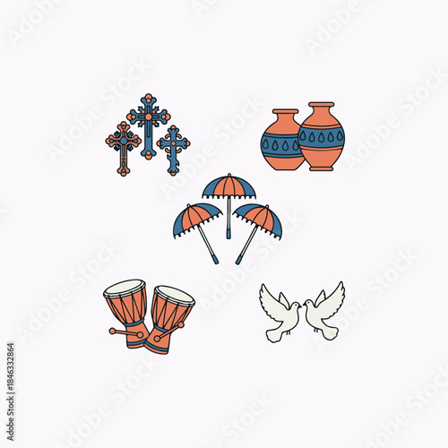 Safari Duo-Tone Icon Set – Timkat Festival Crosses, Water Vessels, Umbrellas & Doves Safari icon set 