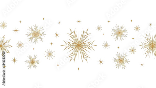 Elegant golden snowflakes and sparkling stars create a festive winter background