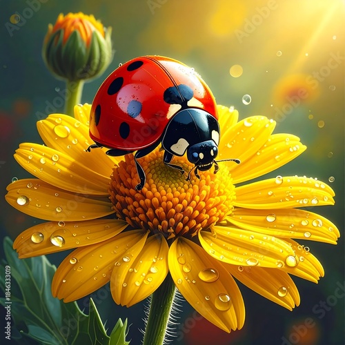 Wallpaper Mural Close-up of a ladybug on a yellow daisy covered in raindrops Torontodigital.ca