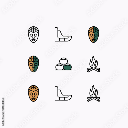 Meteņi Duo-Tone Safari Icon Set – Masks, Sledding & Winter Folk Symbols