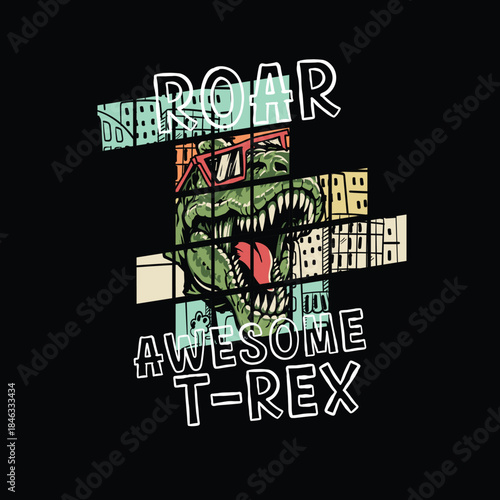 Roar T-Rex Awesome Funny 3D Dinosaur graphic tee design.eps