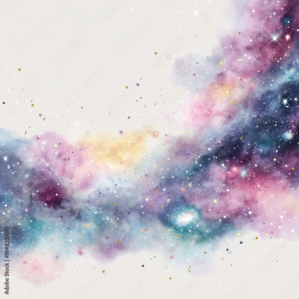 Fototapeta premium AI-generated image - Vibrant pink and blue watercolor galaxy illustration with copy space. An ethereal starry night sky backdrop, perfect for design projects.