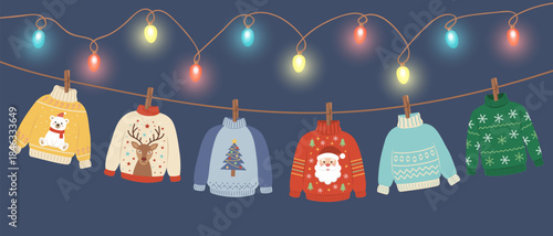 A vector banner of six cartoon Christmas sweaters (polar bear, reindeer, Santa, tree, geometric) hanging from a glowing light garland