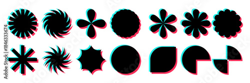 Geometric shapes collection with glitch effect, featuring circles, stars, flowers, and abstract symbols in bold cyan and red highlights. Design Illustration