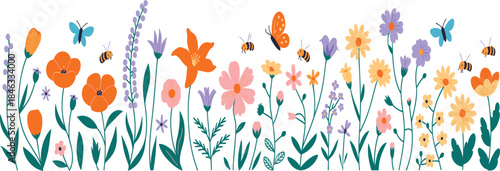Spring summer wildflowers blossom nature border, garden flower meadow, cute blooming floral seamless pattern banner, insects flying