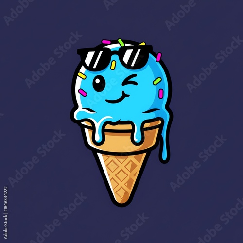 A cartoon blue ice cream cone with sunglasses and sprinkles on a purple background
