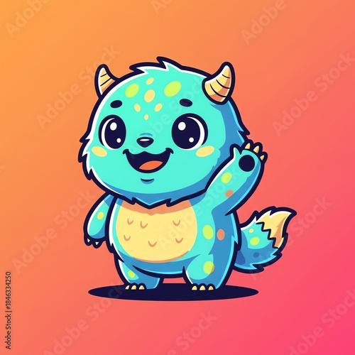 A cartoon blue monster with horns and yellow spots waves