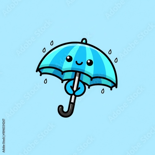 A cartoon blue umbrella with a happy face holding its handle