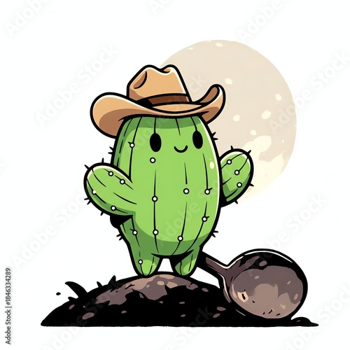 A cartoon cactus in a cowboy hat stands on dirt next to a shovel