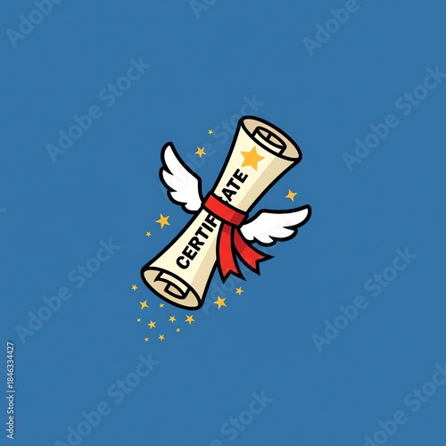 A cartoon certificate with wings and a red ribbon flies amidst stars