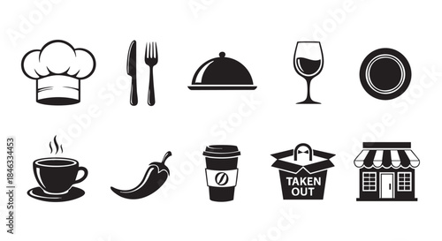 Culinary icons set with chef hat knife fork and chili