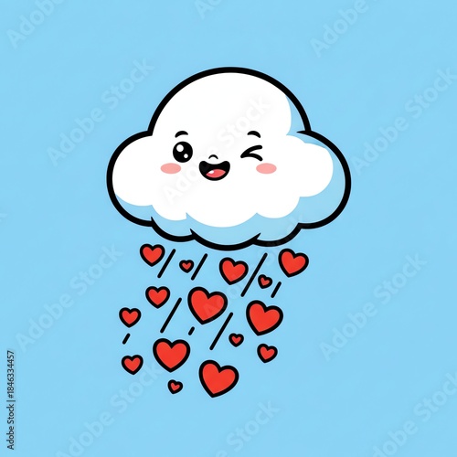 A cartoon cloud raining red hearts on a blue background