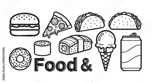 Delicious food outline graphic illustration of burger pizza sushi donut drawing