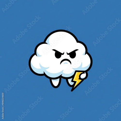 A cartoon cloud with an angry face holding a lightning bolt