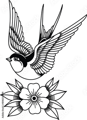 Flying swallow bird illustration with floral element, black and white line art tattoo style vector design for creative branding use