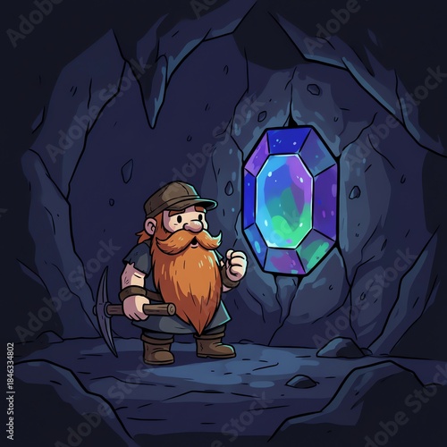 A cartoon dwarf miner stands in a cave holding a pickaxe and looking at a large multifaceted gem