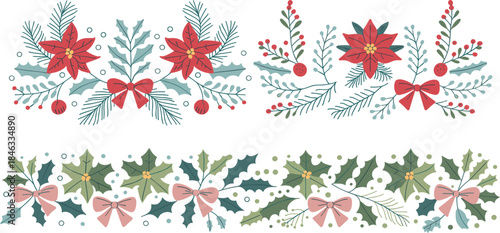 Hand drawn Christmas poinsettia flower, holly leaves, bow borders set, festive winter botanical divider