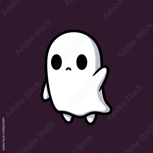 A cartoon ghost with black eyes and mouth on a purple background