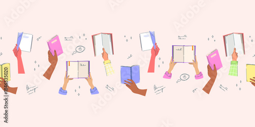 Seamless pattern border of diverse hands holding open and closed books, notebooks, and journals for educational projects, school materials, library posters, digital learning designs. Vector