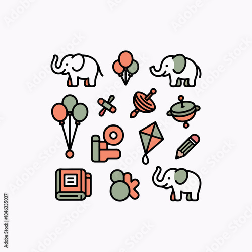 Minimal Safari-Style Duo-Tone Icons – Elephants, Toys, Balloons & Wan Dek Celebrations
