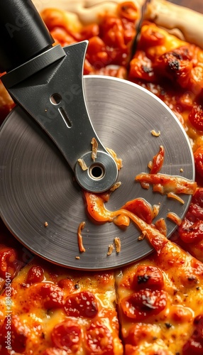 Pizza cutter wheel slicing through a cheesy, golden brown pizza, close-up detail, pizza,  crust