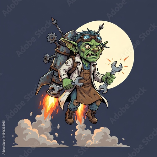 A cartoon goblin with a jetpack and wrenches flies in front of a moon