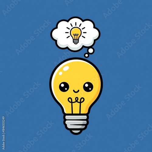 A cartoon lightbulb with a thought bubble containing a smaller lightbulb