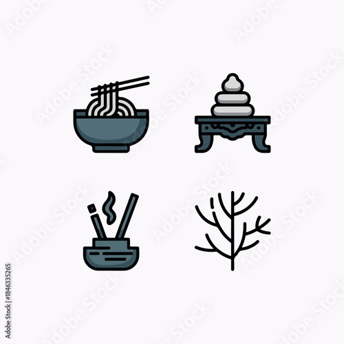 Vector illustration of a sushi and Japanese food icon set featuring a plate, bowl, and cup design for restaurant kitchen meal symbols Safari icon set 