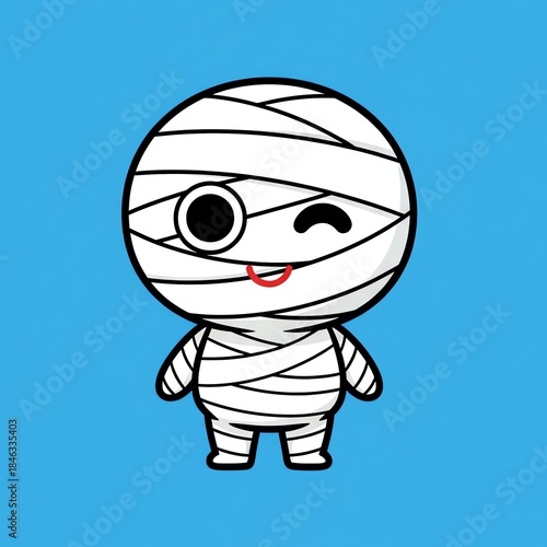 A cartoon mummy with one eye open and a wink against a blue background