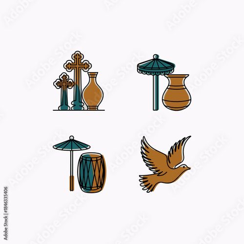 Minimal Safari-Style Duo-Tone Icons – Timkat Celebration Umbrellas, Crosses & Ritual Items Safari icon set 