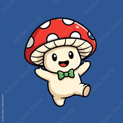 A cartoon mushroom with a red and white spotted cap green bow tie and raised arms