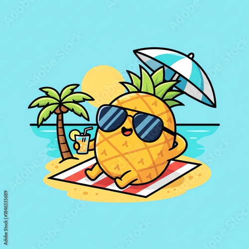 A cartoon pineapple wearing sunglasses relaxes on a beach towel with a drink