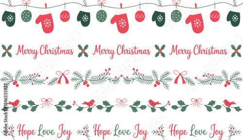Set of hand drawn Christmas borders, dividers, garlands, text, festive winter holiday decoration elements
