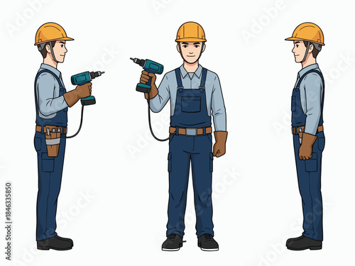 Male Industrial Technician Wearing Helmet and Overalls Holding Power Drill. Factory Maintenance Character for Animation, Multi-View Body Poses. Vector Illustration
