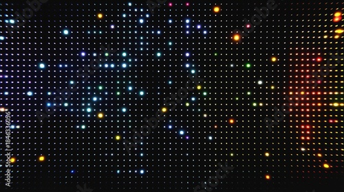 Vibrant multi-colored LED pixel grid glowing on a dark screen creating a dynamic futuristic light display.