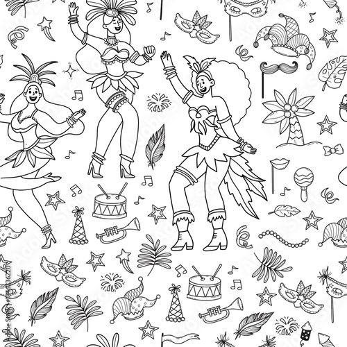 Carnival Women Dancers Seamless Pattern. Happy Female Character in Masquerade Costumes with Feathers, festive elements on White Background. Outline Hand-Drawn Doodle. Vector Illustration. Not AI
