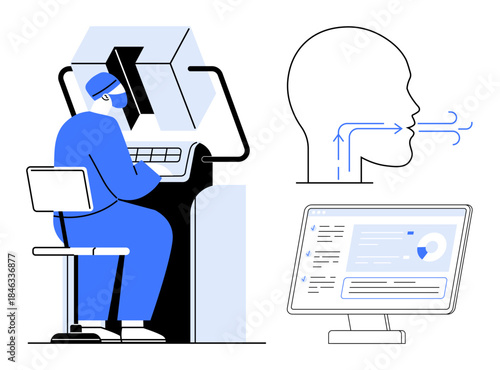 Healthcare diagnostics, respiratory monitoring, medical technology, data visualization, clinical research, modern healthcare. A technician works at a respiratory analysis machine. Healthcare